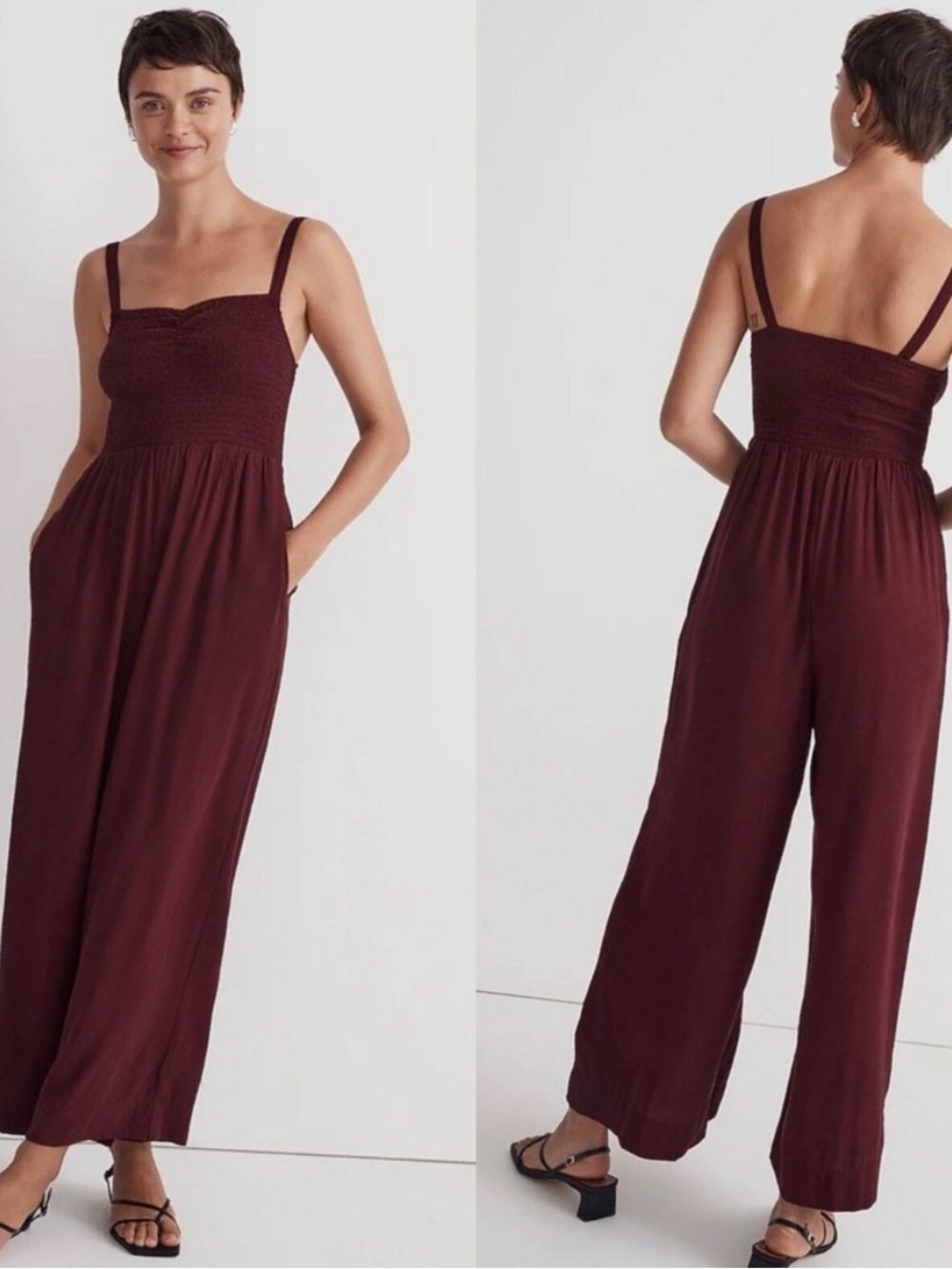 Madewell Lucie Smocked Wide-Leg Jumpsuit in burgundy